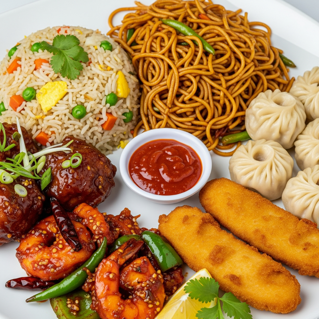 IGNIS PLATTER— Mixed Fried Rice, Mixed Noodles, 2 pcs Chicken Manchurian, 2 pcs Chilli Fish/Prawns, 2 pcs Fish Finger, 4 pcs Momos