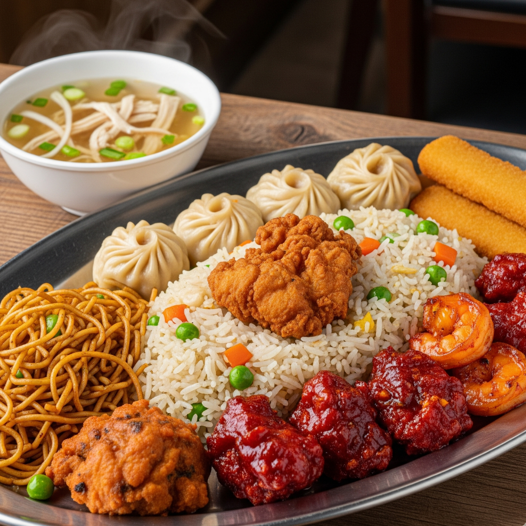 XL PLATTER— Veg Fried Rice & Noodles, 1 pc Crispy Boneless Chicken, 3 pcs Chilli Chicken, 3 pcs Chilli Fish/Prawns, 4 pcs Chicken/Veg Momos, 1 pc Fish Finger, Chicken Clear Soup