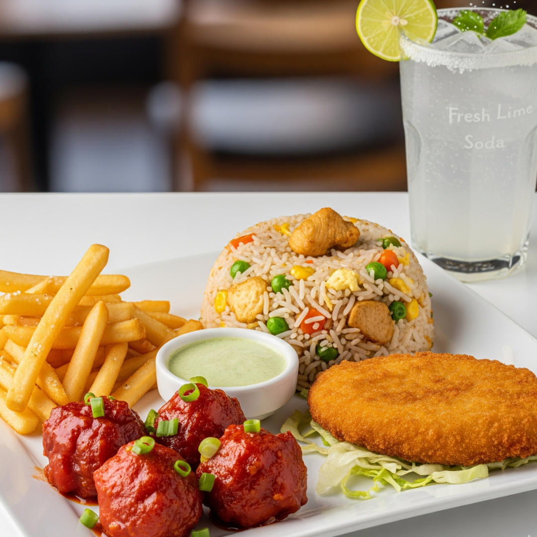 MAXI PLATTER— French Fries, Mixed Fried Rice, 4 pcs Chicken Manchurian/Chilli Chicken, Fish Cutlet, Fresh Lime Soda/Cold Drink