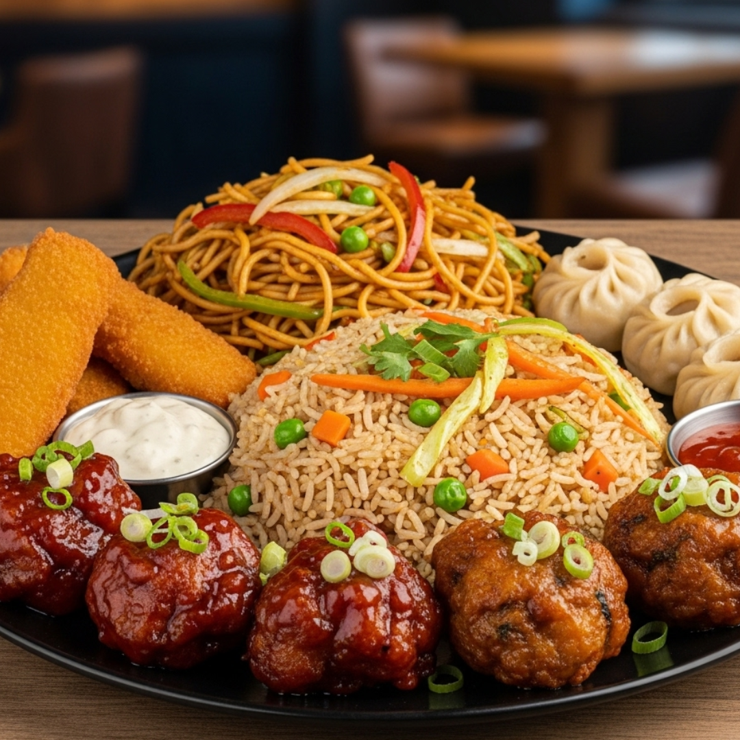 ELITE PLATTER— Veg-Fried Rice, Veg Noodles, 4 pcs Chicken Manchurian, 2 pcs Veg Manchurian, 2 pcs Fish Finger, 3 Pcs Momos